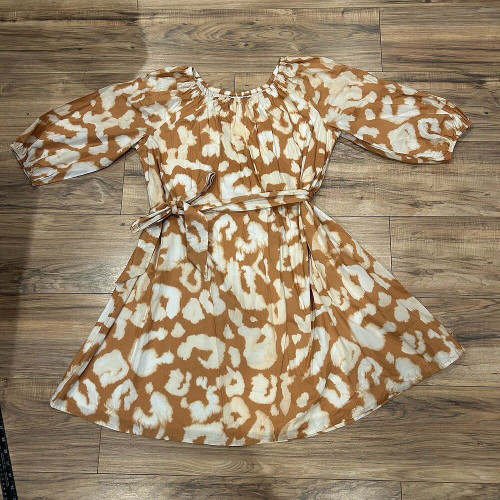 Elizabeth & James Balloon Sleeve Blouson Dress Brown Cream Belted Animal Print M